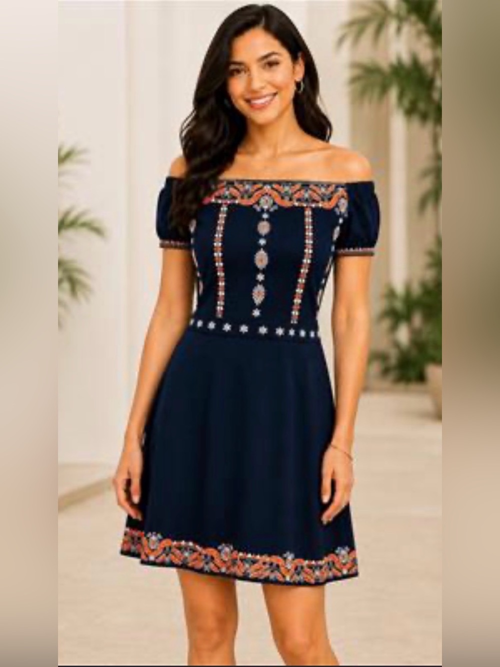 Tory Burch Navy One-Shoulder Embroidered Summer Dress